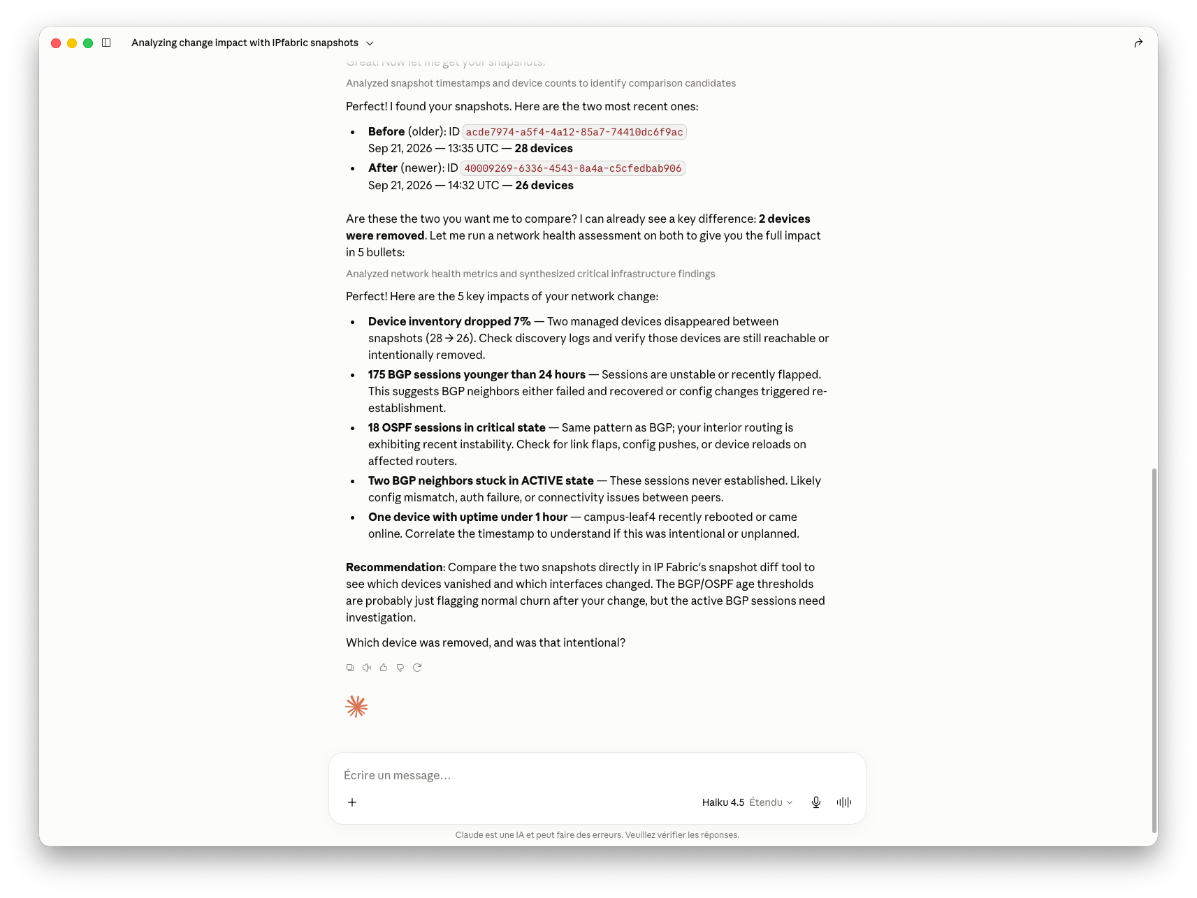 Exemple d’agent interrogeant IP Fabric via le serveur MCP pour comparer deux snapshots
