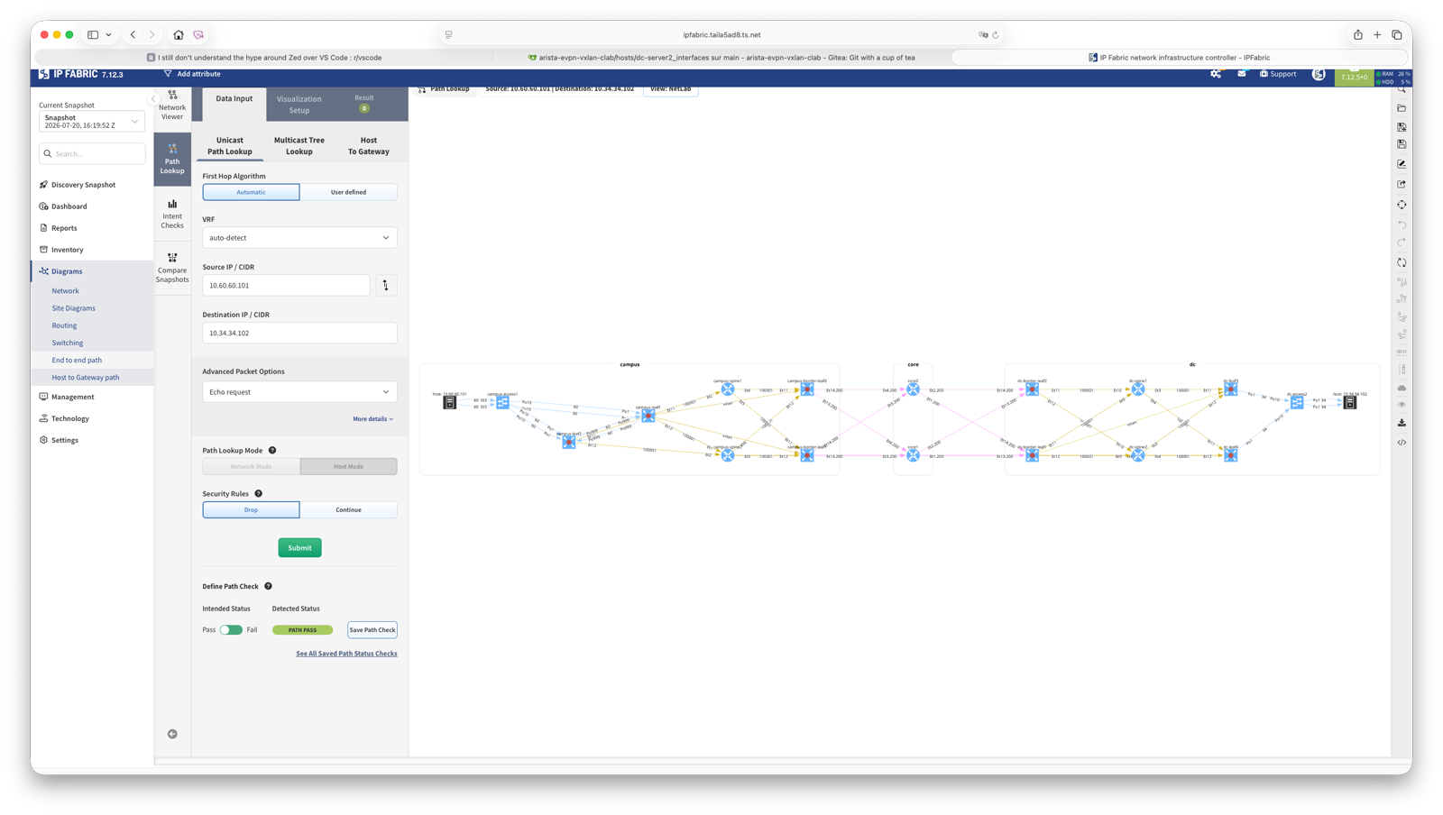 Path lookup entre deux hĂ´tes du lab, avec le chemin de forwarding saut par saut