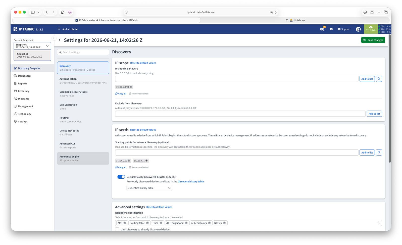 Paramètres de discovery : scope IP, seeds et réglages avancés